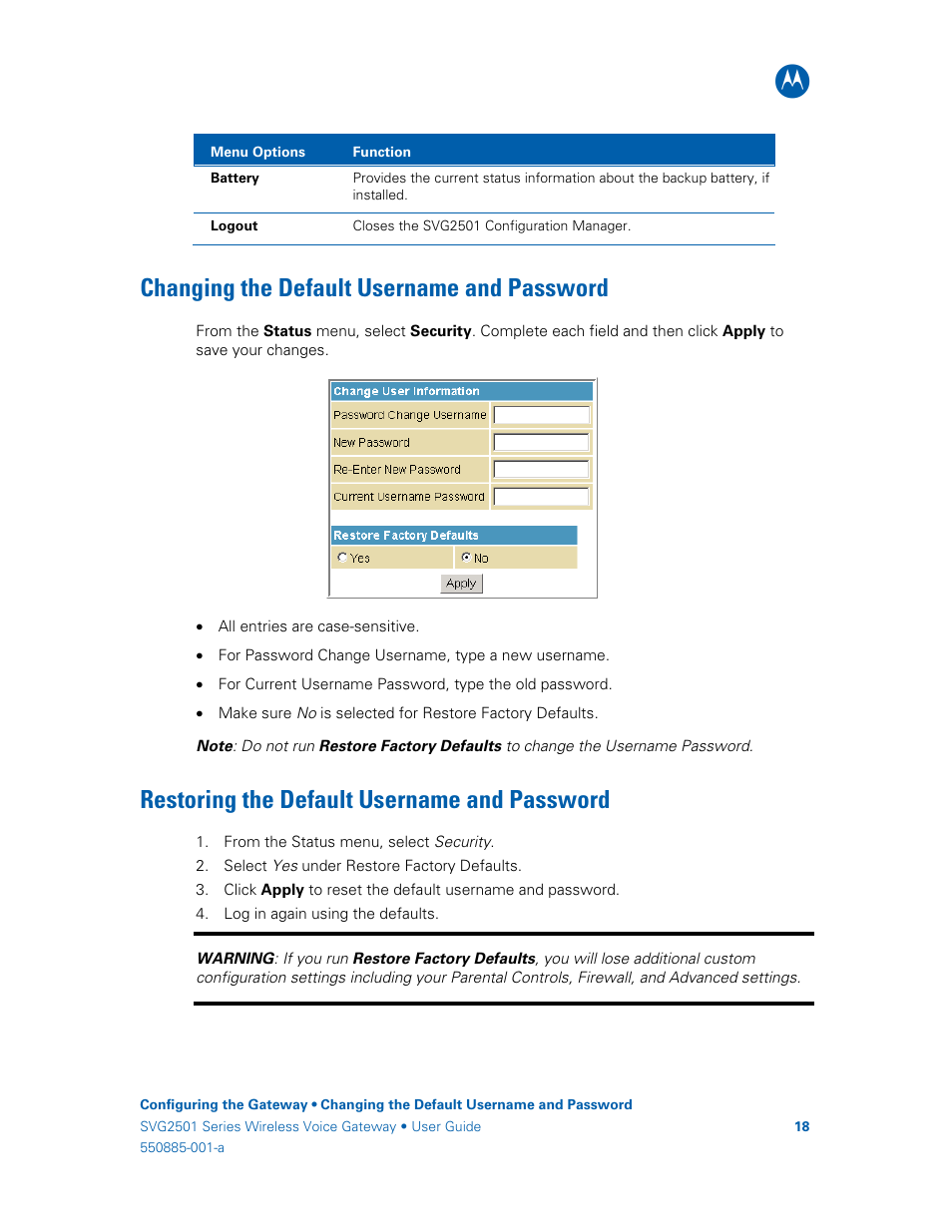 Changing the default username and password, Restoring the default username and password | Motorola SURFboard SVG2501U User Manual | Page 27 / 34