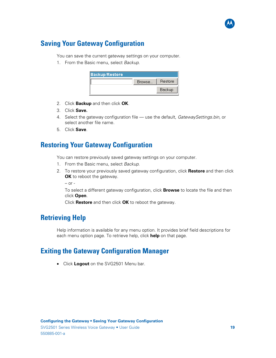 Saving your gateway configuration, Restoring your gateway configuration, Retrieving help | Exiting the gateway configuration manager | Motorola SURFboard SVG2501U User Manual | Page 28 / 34