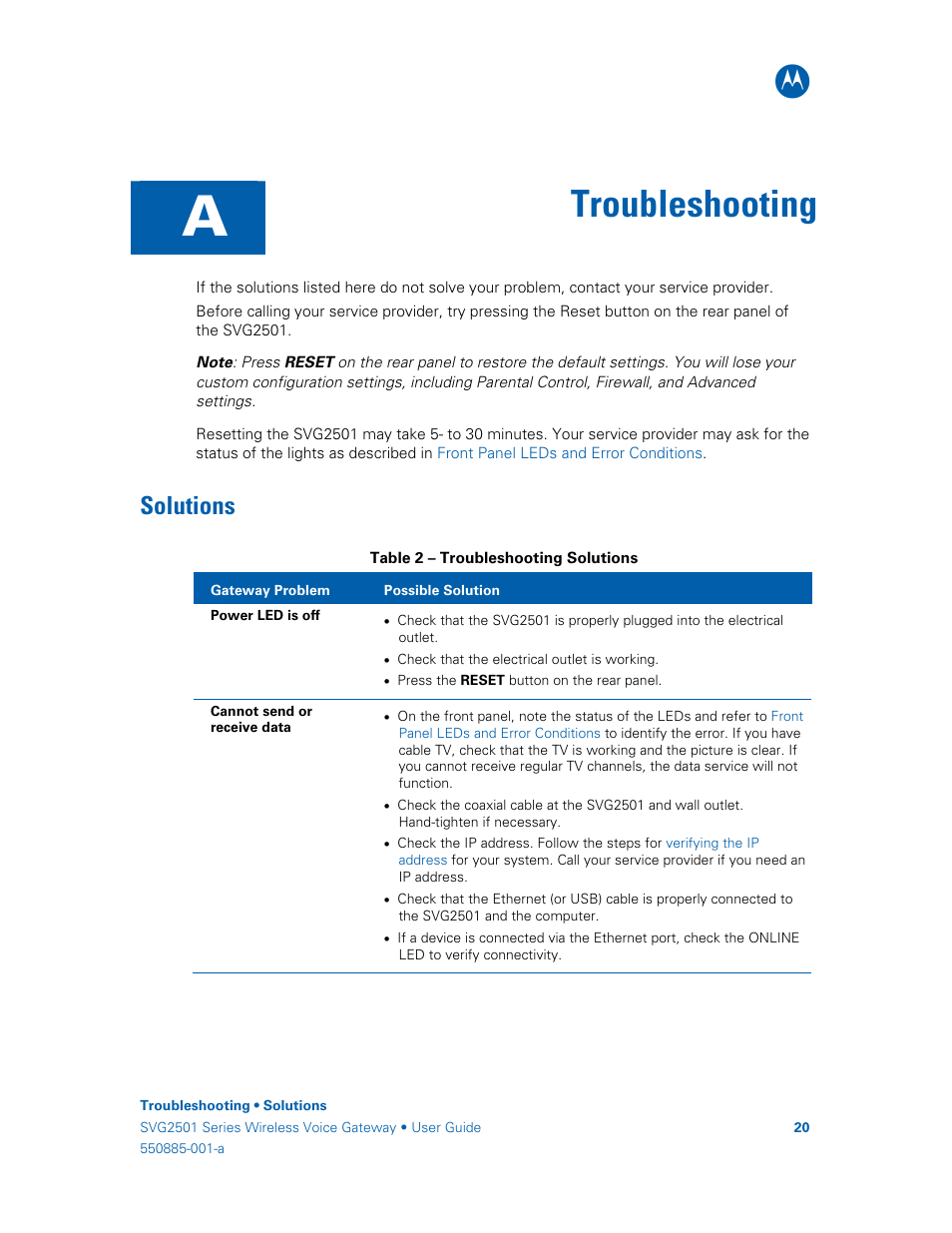 Troubleshooting, Solutions, The internet, check the | Motorola SURFboard SVG2501U User Manual | Page 29 / 34