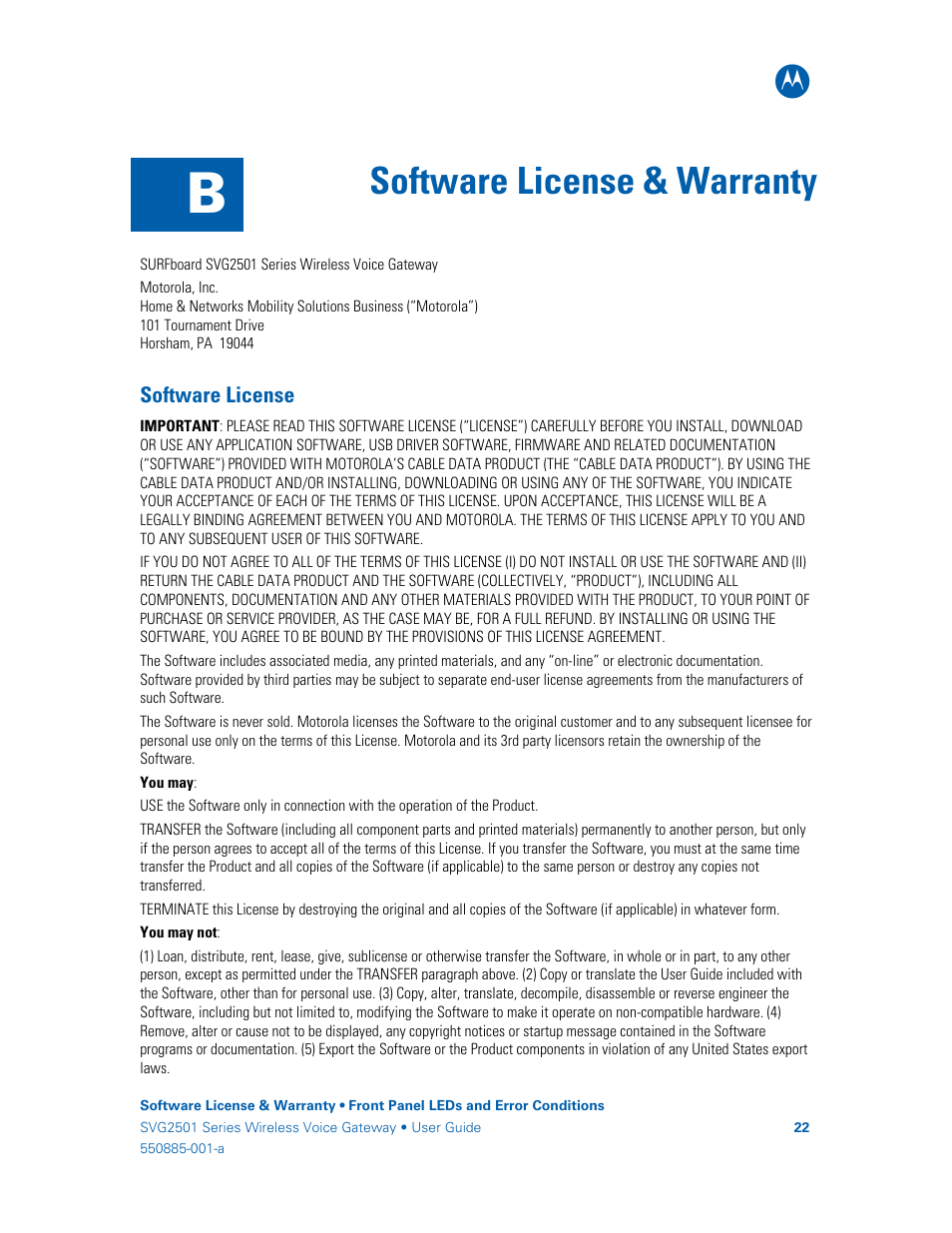 Software license & warranty, Software license | Motorola SURFboard SVG2501U User Manual | Page 31 / 34