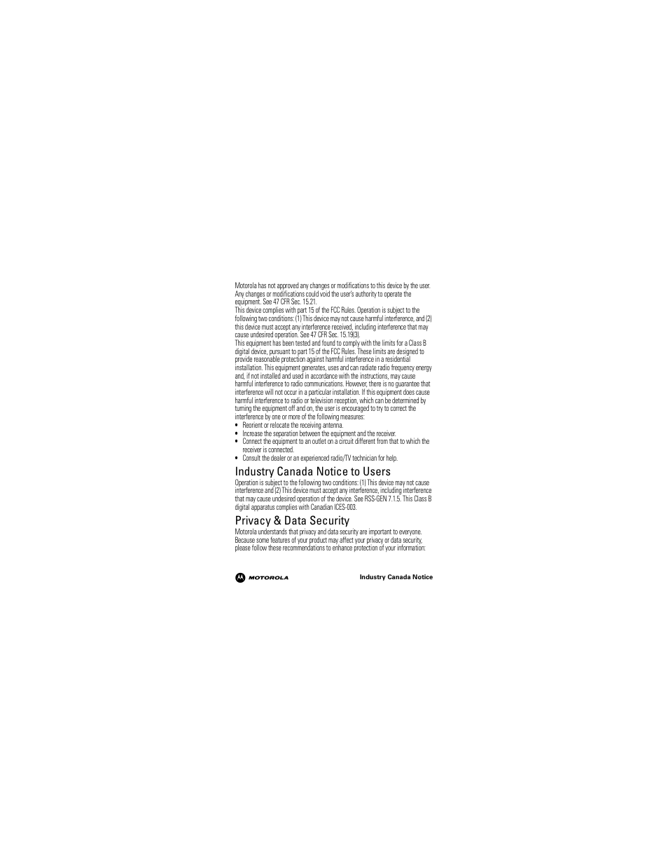 Industry canada notice, Privacy & data security, Industry canada notice to users | Motorola 68000202964-A User Manual | Page 11 / 77