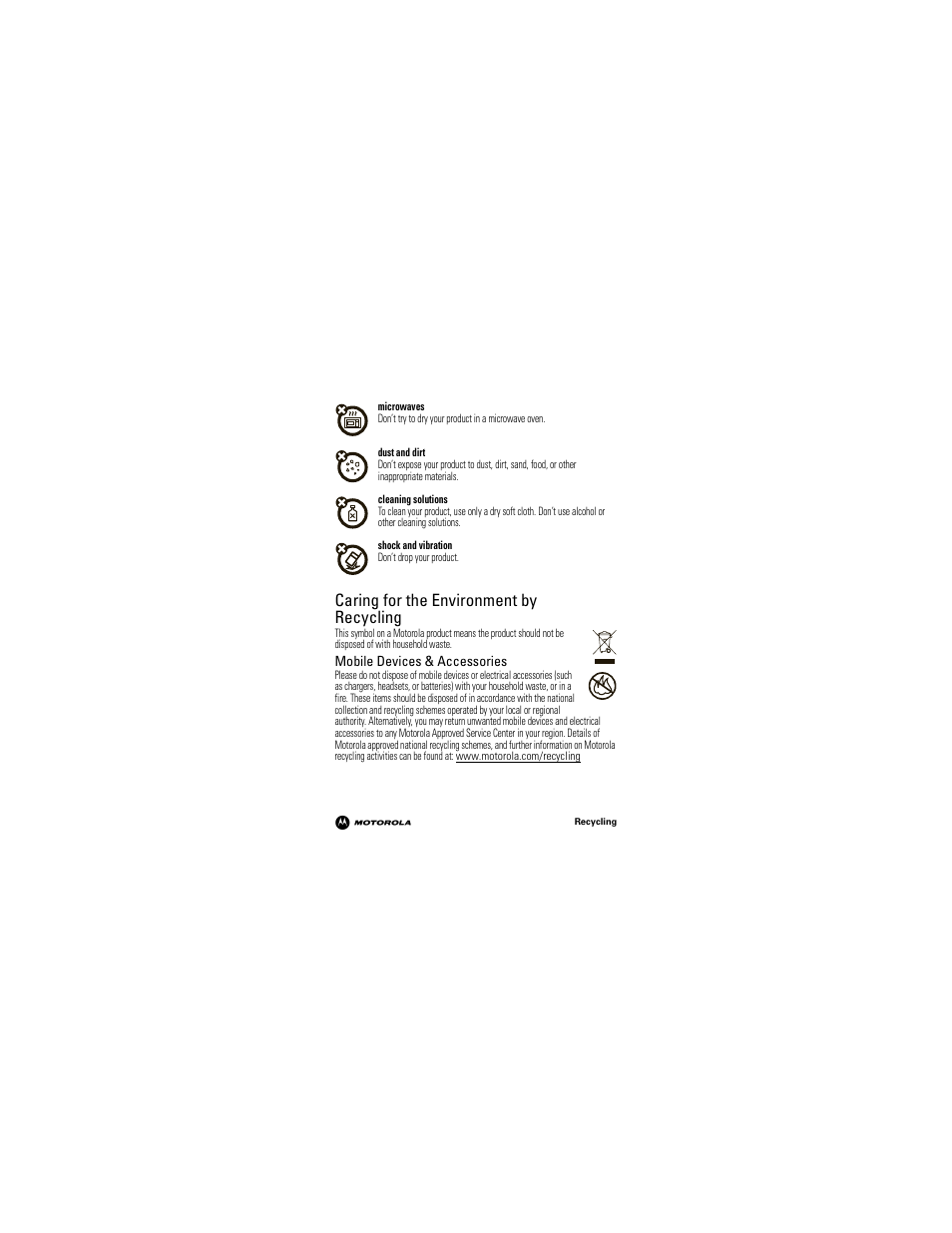 Recycling, Caring for the environment by recycling | Motorola 68000202964-A User Manual | Page 13 / 77