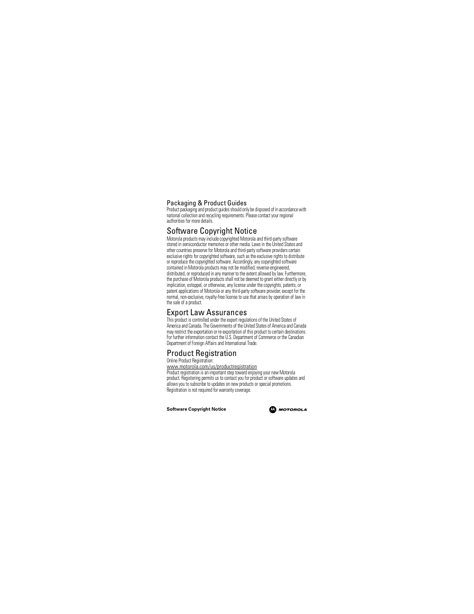 Software copyright notice, Export law, Registration | Export law assurances, Product registration | Motorola 68000202964-A User Manual | Page 14 / 77