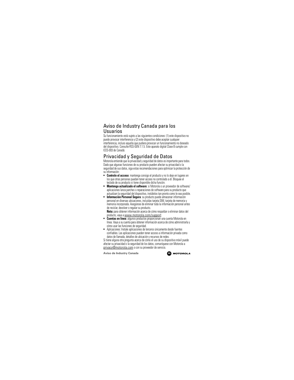 Aviso de industry canada, Privacidad y seguridad de datos, Aviso de industry canada para los usuarios | Motorola 68000202964-A User Manual | Page 31 / 77