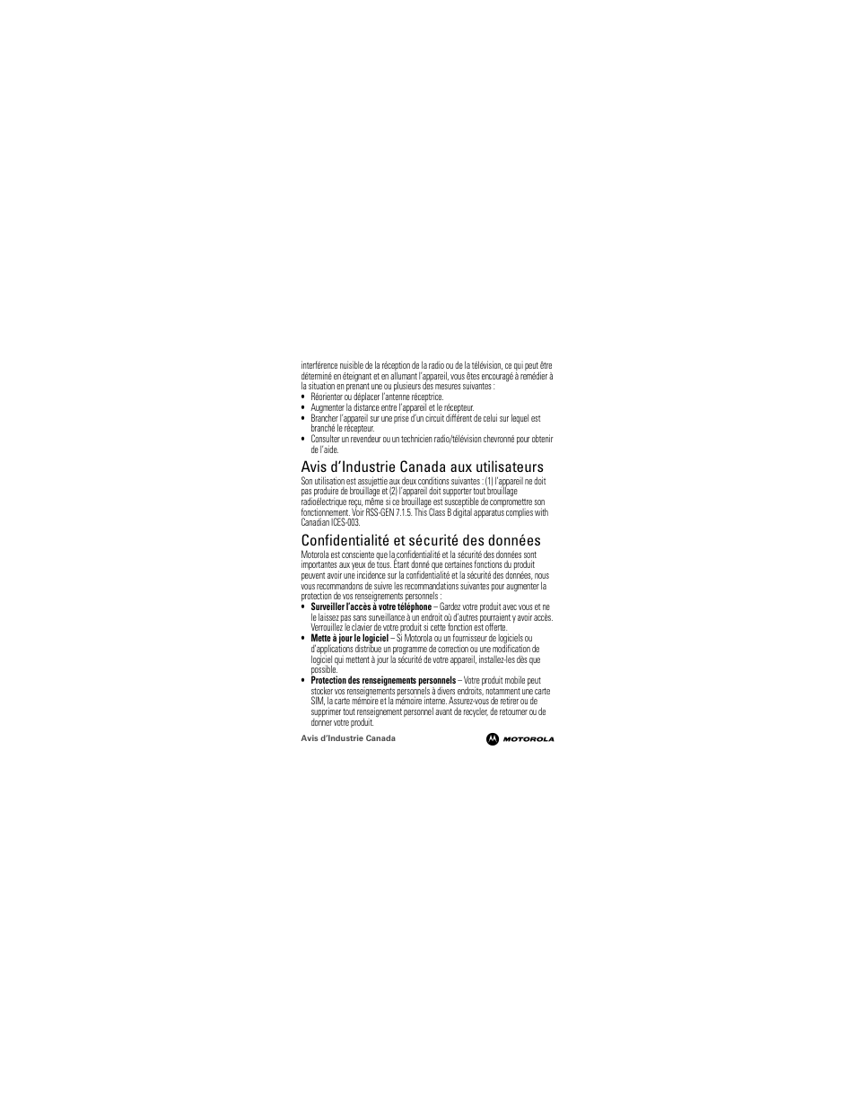 Avis d’industrie canada, Confidentialité et sécurité des données, Avis d’industrie canada aux utilisateurs | Motorola 68000202964-A User Manual | Page 51 / 77