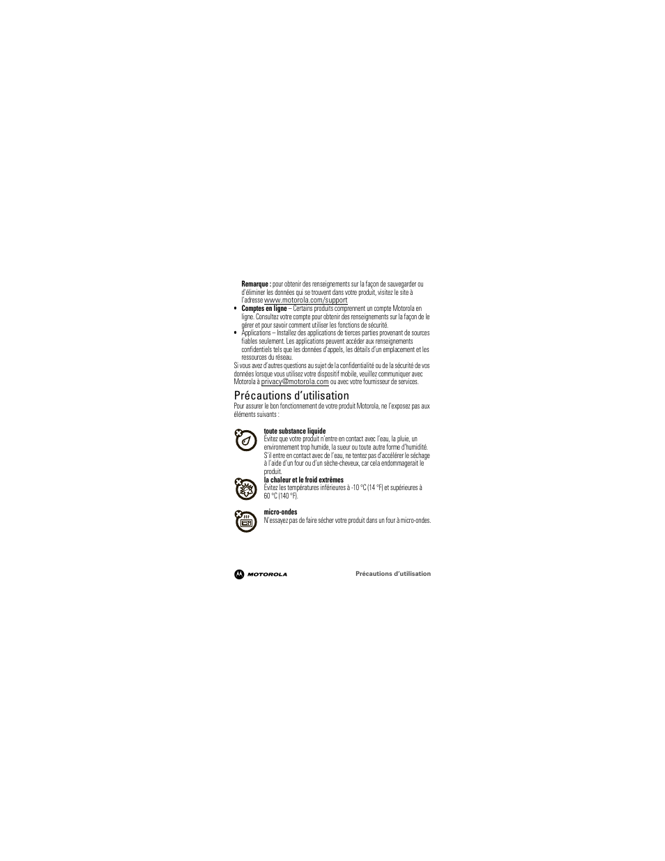 Précautions d’utilisation | Motorola 68000202964-A User Manual | Page 52 / 77