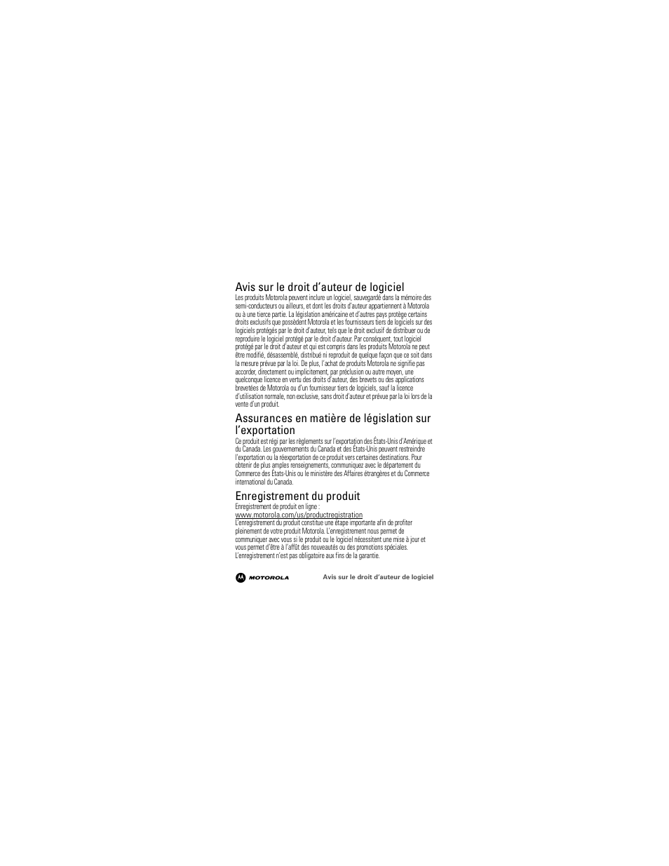 Avis sur le droit d’auteur de logiciel, Loi sur l’exportation, Enregistrement | Enregistrement du produit | Motorola 68000202964-A User Manual | Page 54 / 77