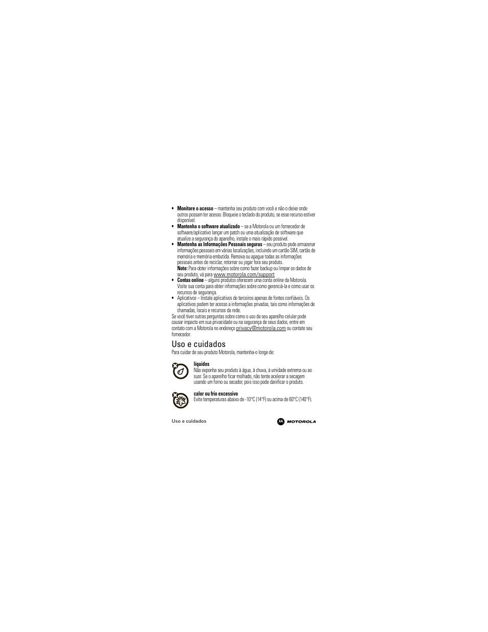 Uso e cuidados | Motorola 68000202964-A User Manual | Page 72 / 77