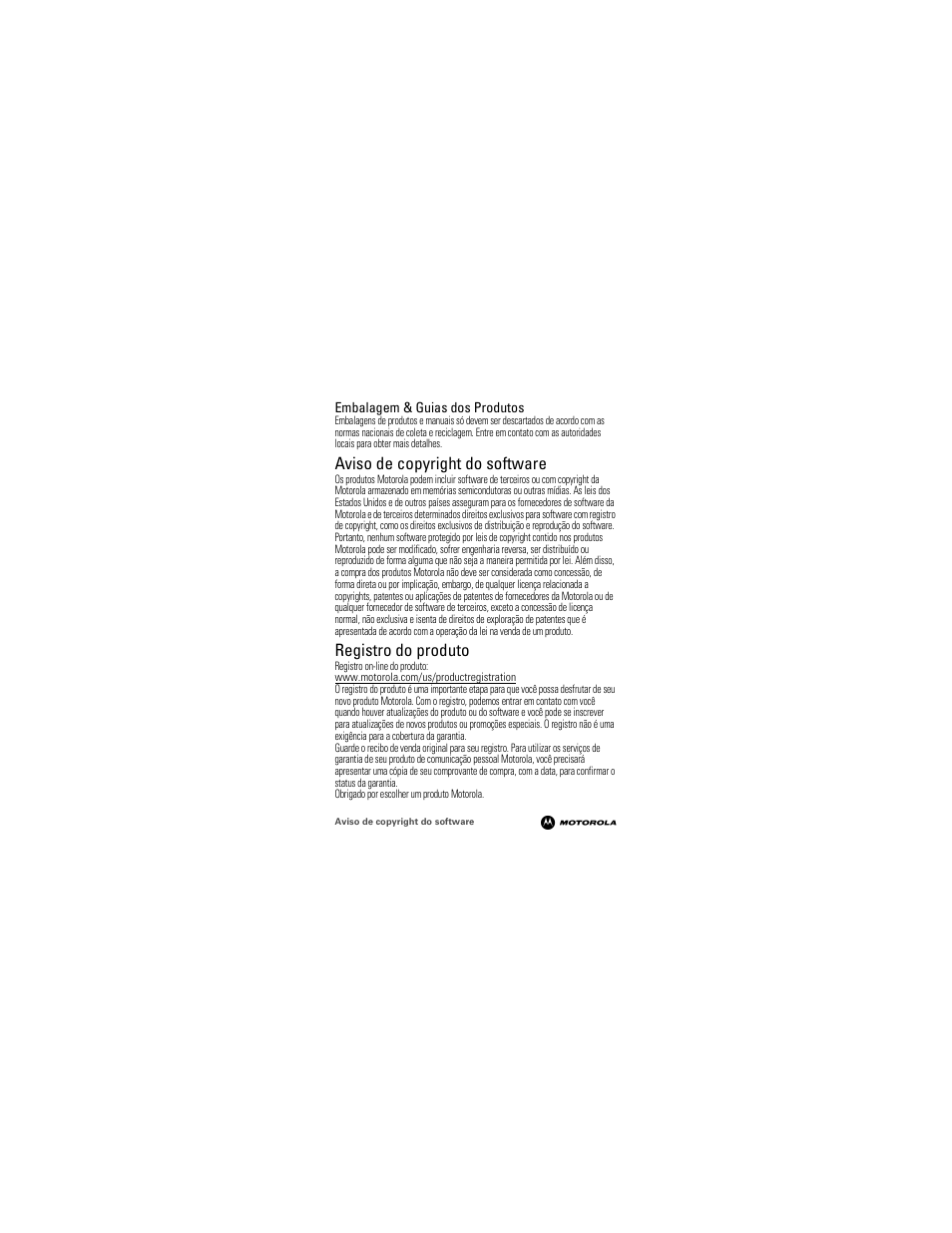 Aviso de copyright do software, Registro, Registro do produto | Motorola 68000202964-A User Manual | Page 74 / 77