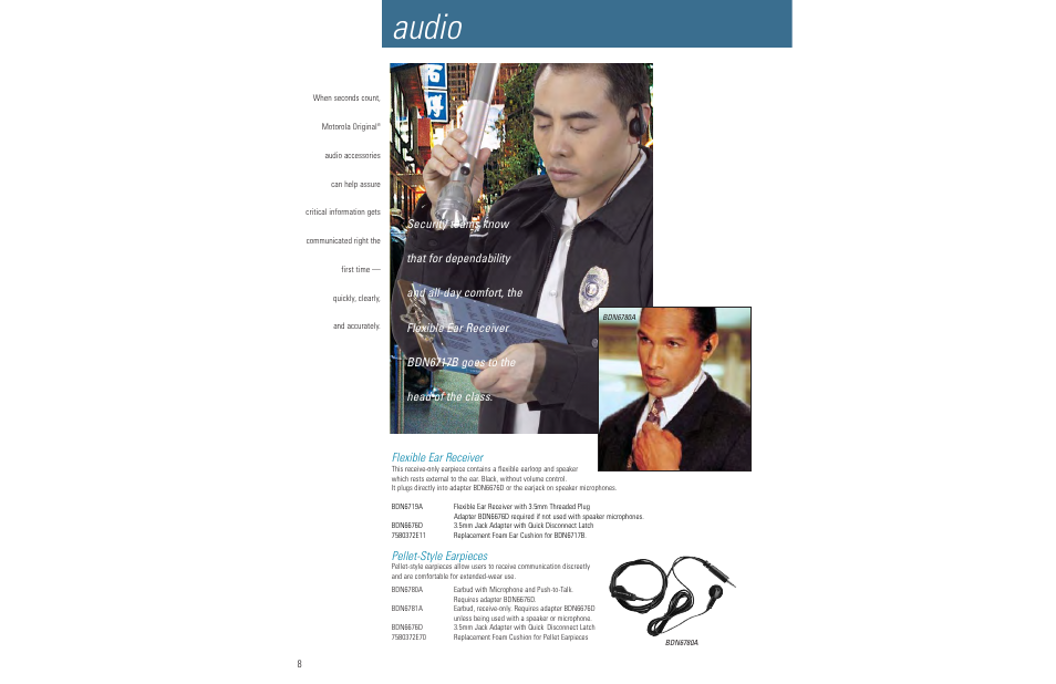 Audio, Flexible ear receiver, Pellet-style earpieces | Motorola LCS 2000TM User Manual | Page 10 / 48