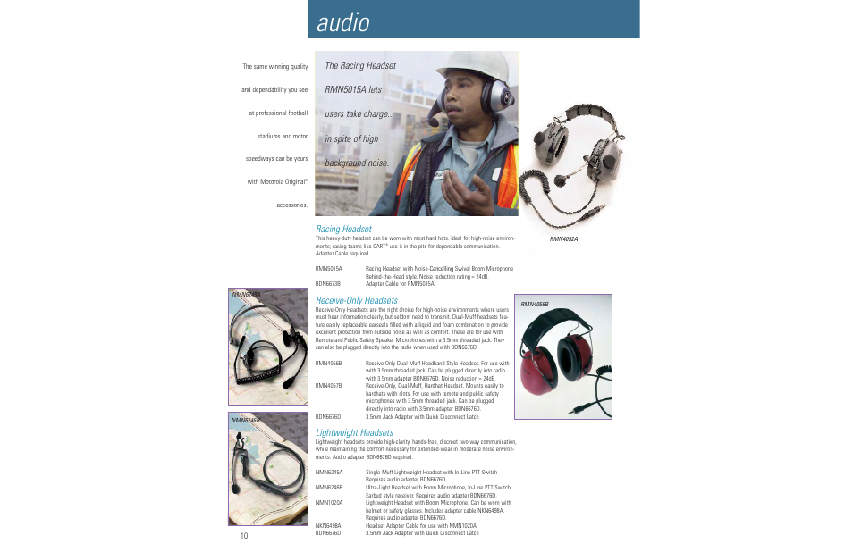 Audio, Racing headset, Receive-only headsets | Lightweight headsets | Motorola LCS 2000TM User Manual | Page 12 / 48