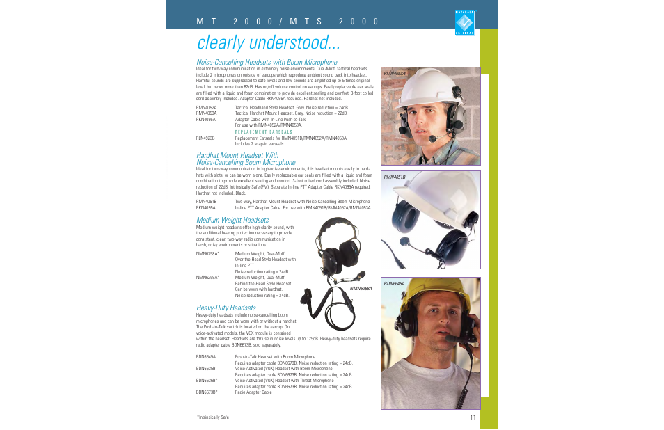 Clearly understood, Noise-cancelling headsets with boom microphone, Medium weight headsets | Heavy-duty headsets | Motorola LCS 2000TM User Manual | Page 13 / 48