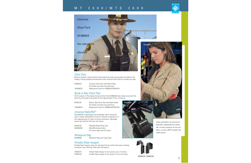 Break-a-way chest pack, Universal radiopak, Waterproof bag | Portable radio hangers | Motorola LCS 2000TM User Manual | Page 15 / 48