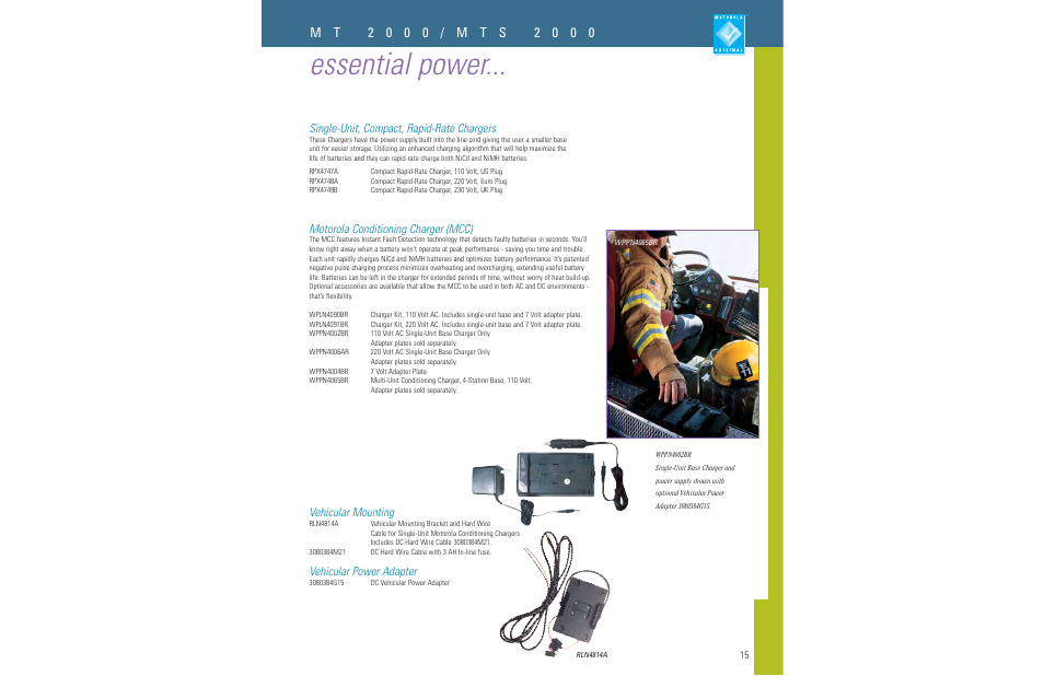 Essential power, Single-unit, compact, rapid-rate chargers, Motorola conditioning charger (mcc) | Vehicular mounting, Vehicular power adapter | Motorola LCS 2000TM User Manual | Page 17 / 48