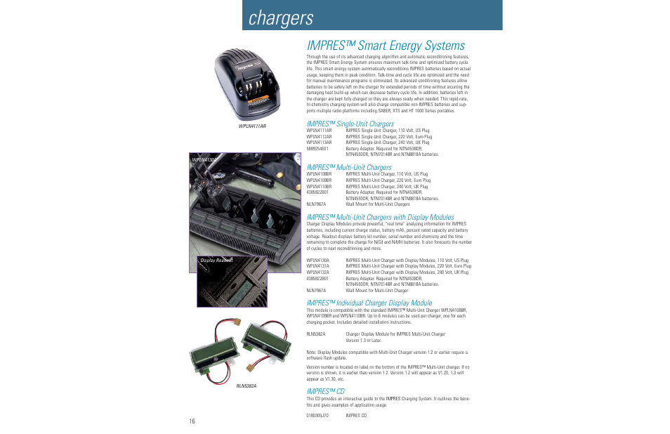 Chargers, Impres™ smart energy systems, Impres™ single-unit chargers | Impres™ multi-unit chargers, Impres™ multi-unit chargers with display modules, Impres™ individual charger display module, Impres™ cd | Motorola LCS 2000TM User Manual | Page 18 / 48