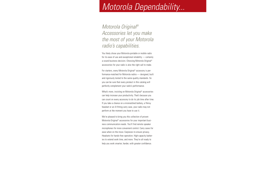 Motorola dependability, Motorola original | Motorola LCS 2000TM User Manual | Page 2 / 48