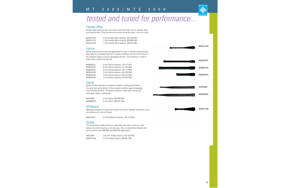Tested and tuned for performance, Flexible whip, Helical | Dipole, Wideband, Stubby | Motorola LCS 2000TM User Manual | Page 21 / 48