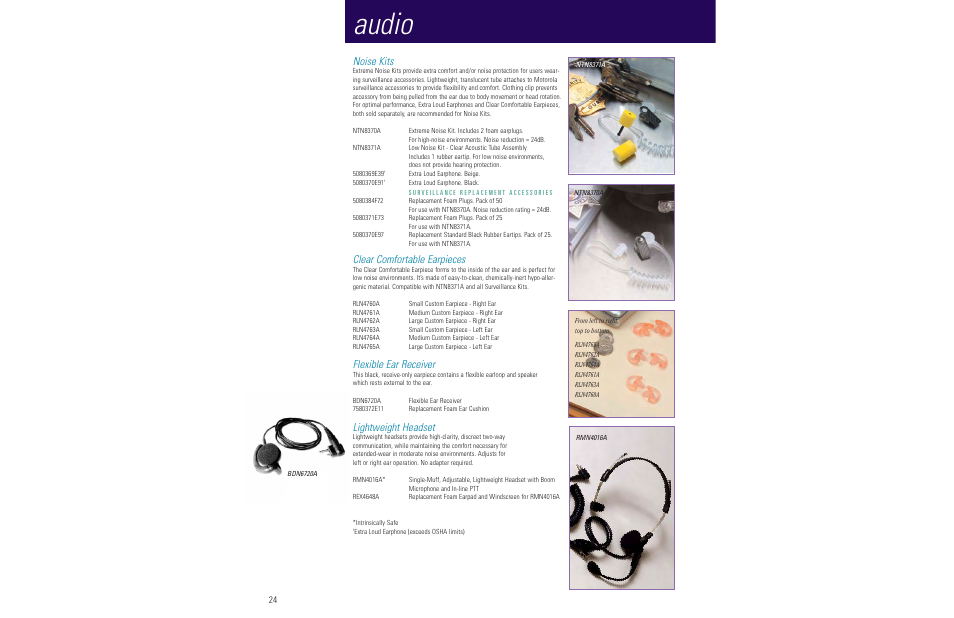 Audio, Noise kits, Clear comfortable earpieces | Flexible ear receiver, Lightweight headset | Motorola LCS 2000TM User Manual | Page 26 / 48