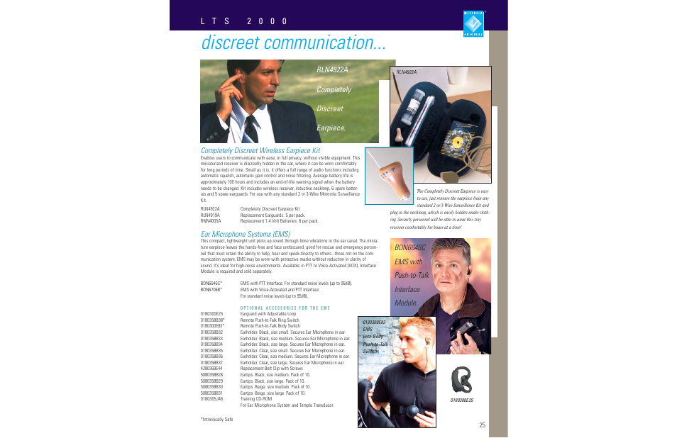 Discreet communication, L t s 2 0 0 0, Completely discreet wireless earpiece kit | Ear microphone systems (ems), Rln4922a completely discreet earpiece, Bdn6646c ems with push-to-talk interface module | Motorola LCS 2000TM User Manual | Page 27 / 48