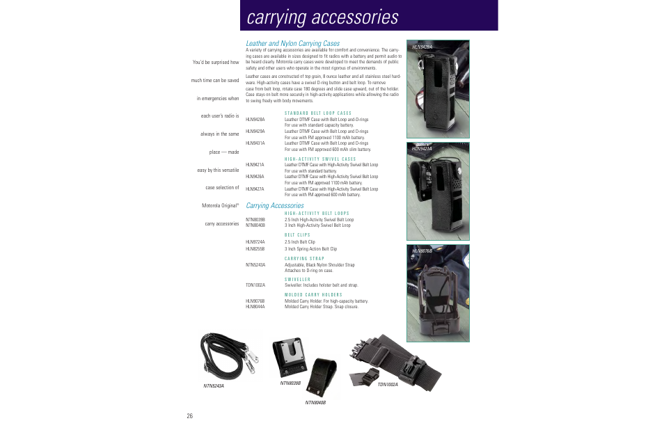 Carrying accessories, Leather and nylon carrying cases | Motorola LCS 2000TM User Manual | Page 28 / 48