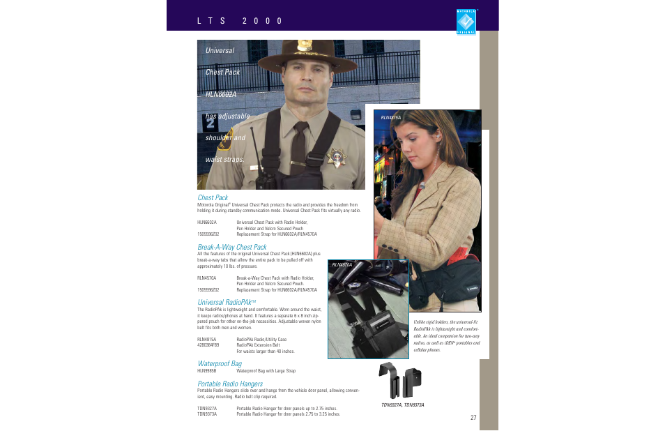L t s 2 0 0 0, Chest pack, Break-a-way chest pack | Universal radiopak, Waterproof bag, Portable radio hangers | Motorola LCS 2000TM User Manual | Page 29 / 48