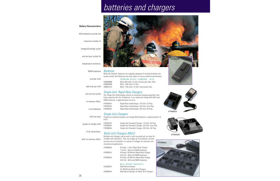 Batteries and chargers, Batteries, Single-unit, rapid-rate chargers | Single-unit chargers, Multi-unit chargers (muc) | Motorola LCS 2000TM User Manual | Page 30 / 48