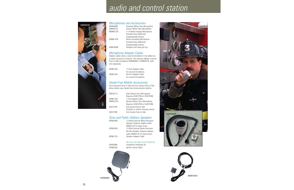 Audio and control station, Microphones and accessories, Microphone adapter cables | Hands-free mobile accessories, Siren and public address speakers | Motorola LCS 2000TM User Manual | Page 38 / 48
