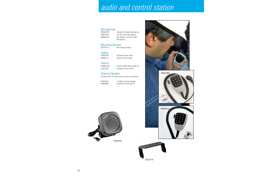 Audio and control station, Microphones, Mounting bracket | Cables, Alarms, External speaker | Motorola LCS 2000TM User Manual | Page 44 / 48