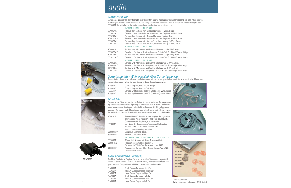 Audio, Surveillance kits, Noise kits | Clear comfortable earpieces | Motorola LCS 2000TM User Manual | Page 8 / 48