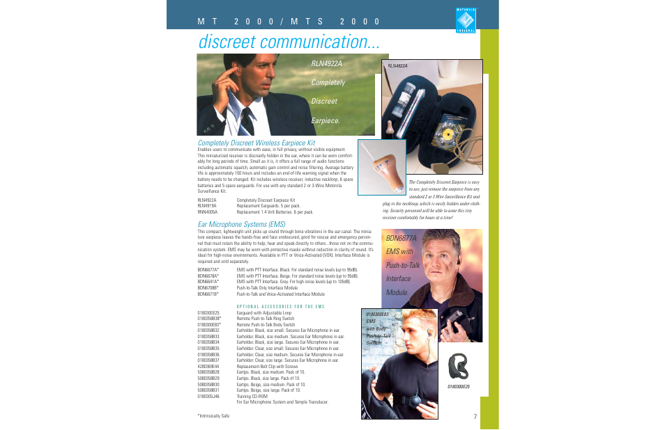 Discreet communication, Completely discreet wireless earpiece kit, Ear microphone systems (ems) | Rln4922a completely discreet earpiece, Bdn6677a ems with push-to-talk interface module | Motorola LCS 2000TM User Manual | Page 9 / 48