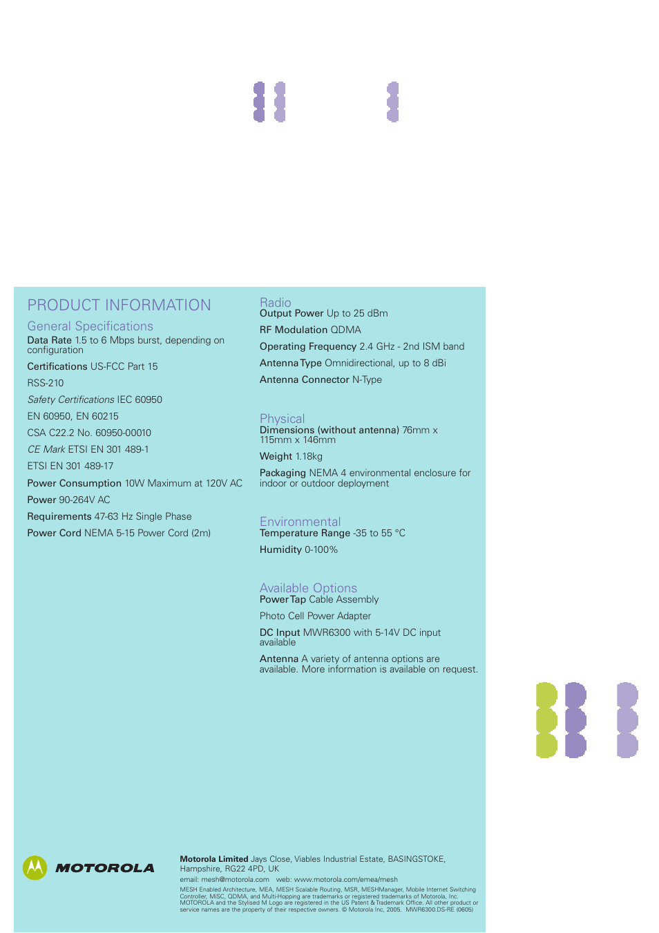 Product information, General specifications, Radio | Physical, Environmental, Available options | Motorola MESH Wireless Router MWR6300 User Manual | Page 2 / 2