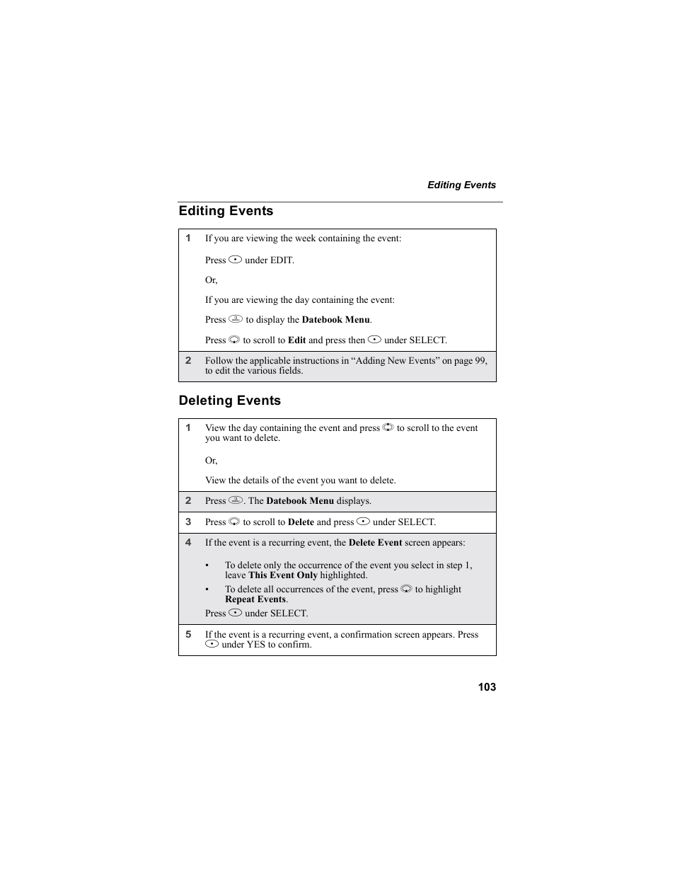 Editing events, Deleting events, Editing events deleting events | Motorola i55sr Phone User Manual | Page 103 / 176