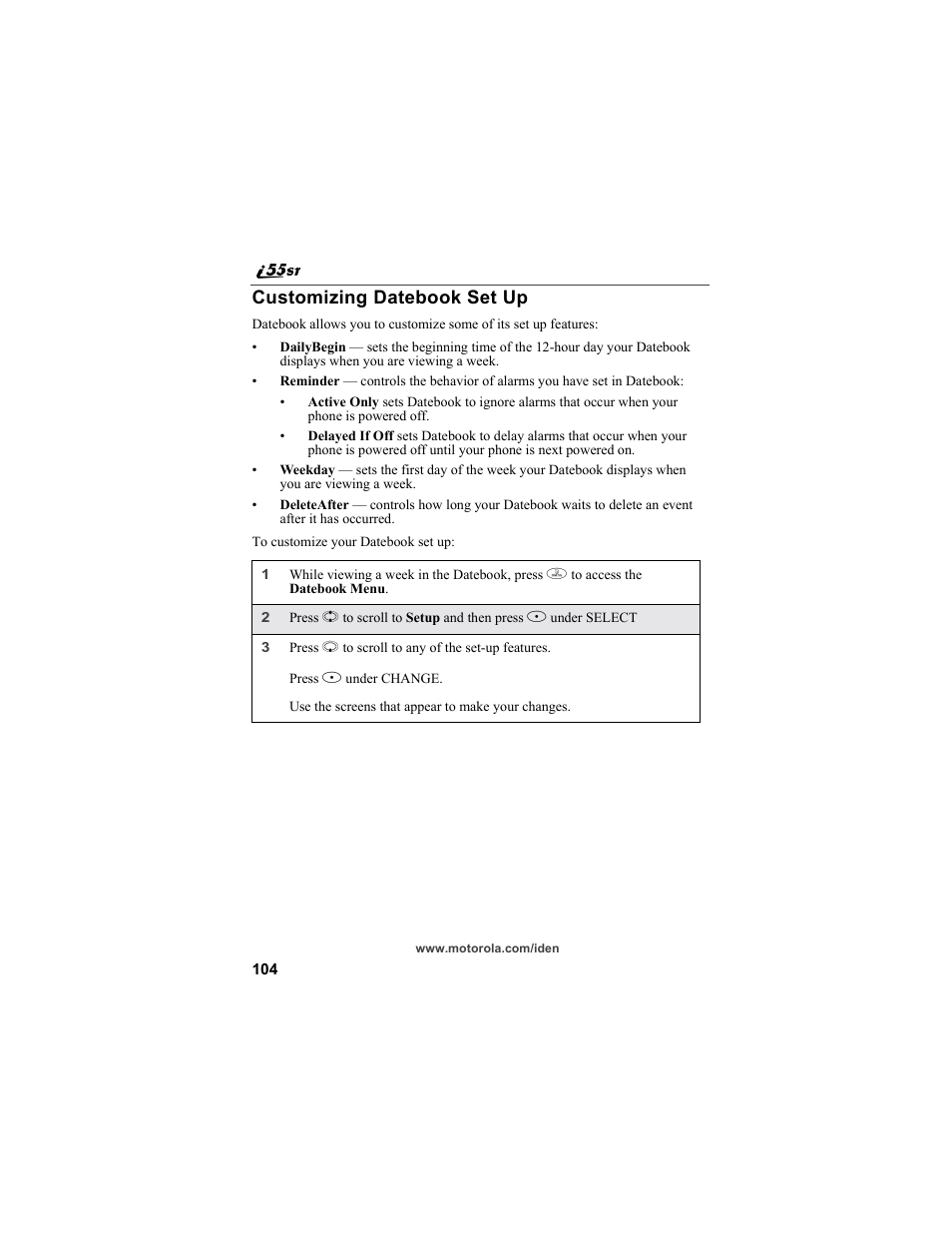 Customizing datebook set up | Motorola i55sr Phone User Manual | Page 104 / 176