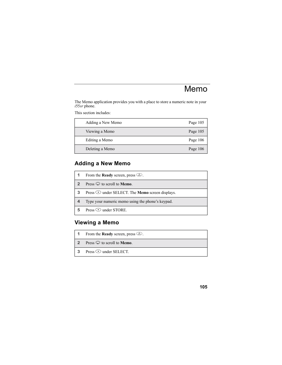 Memo, Adding a new memo, Viewing a memo | Adding a new memo viewing a memo | Motorola i55sr Phone User Manual | Page 105 / 176
