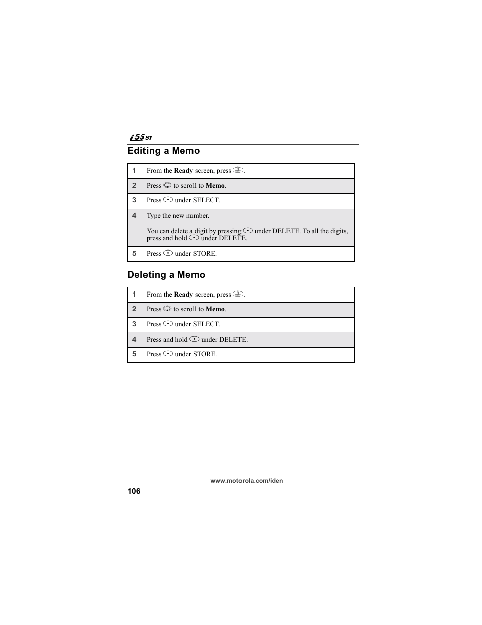 Editing a memo, Deleting a memo, Rf operational characteristics | Motorola i55sr Phone User Manual | Page 106 / 176
