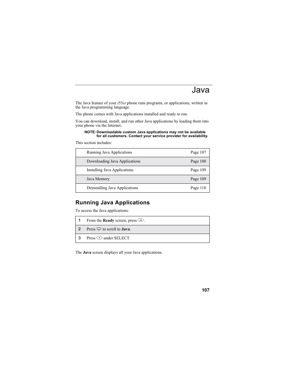 Java, Running java applications | Motorola i55sr Phone User Manual | Page 107 / 176