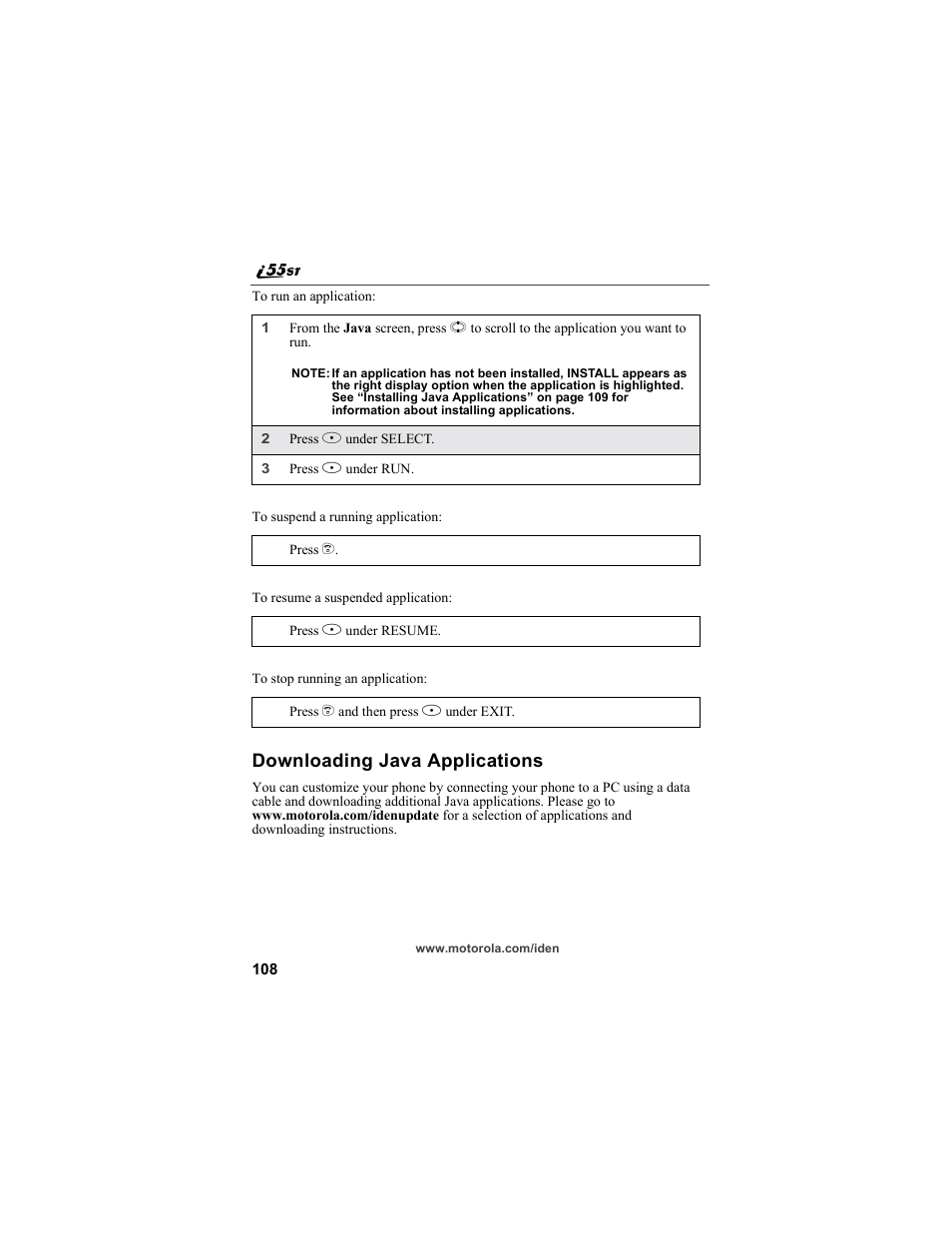 Downloading java applications | Motorola i55sr Phone User Manual | Page 108 / 176