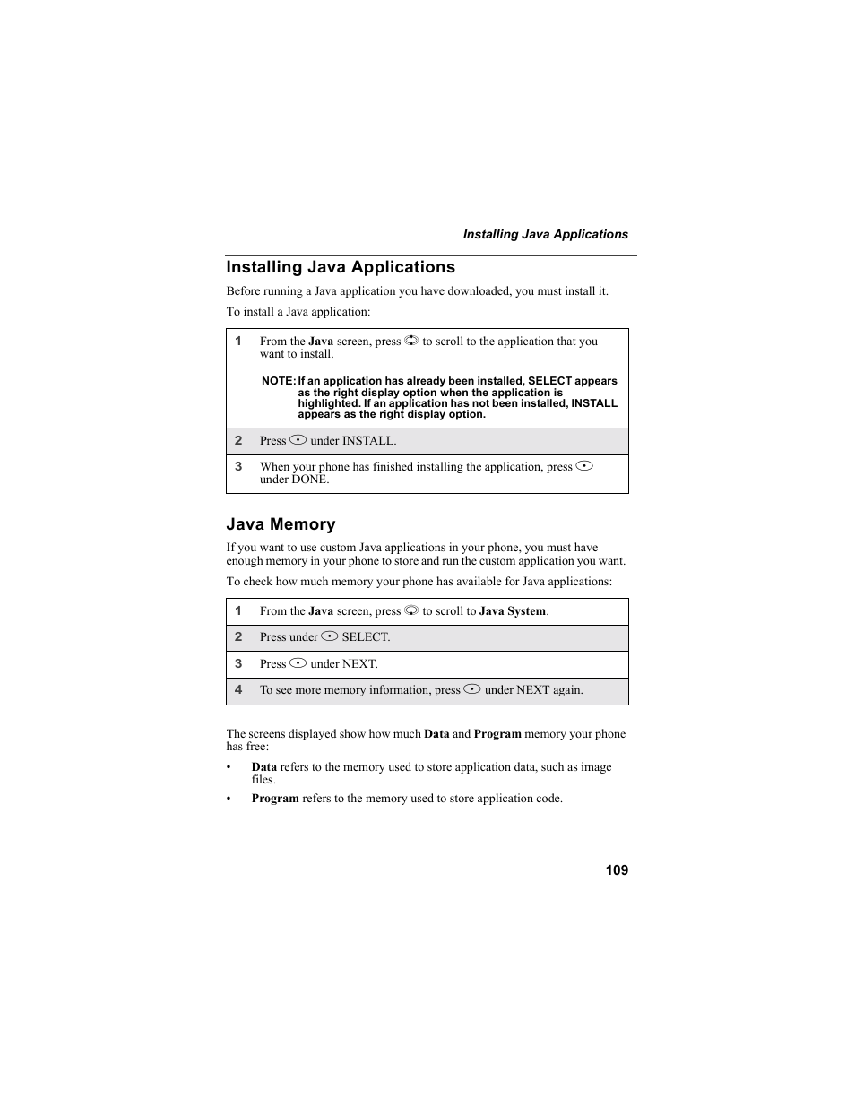 Installing java applications, Java memory, Installing java applications java memory | Motorola i55sr Phone User Manual | Page 109 / 176