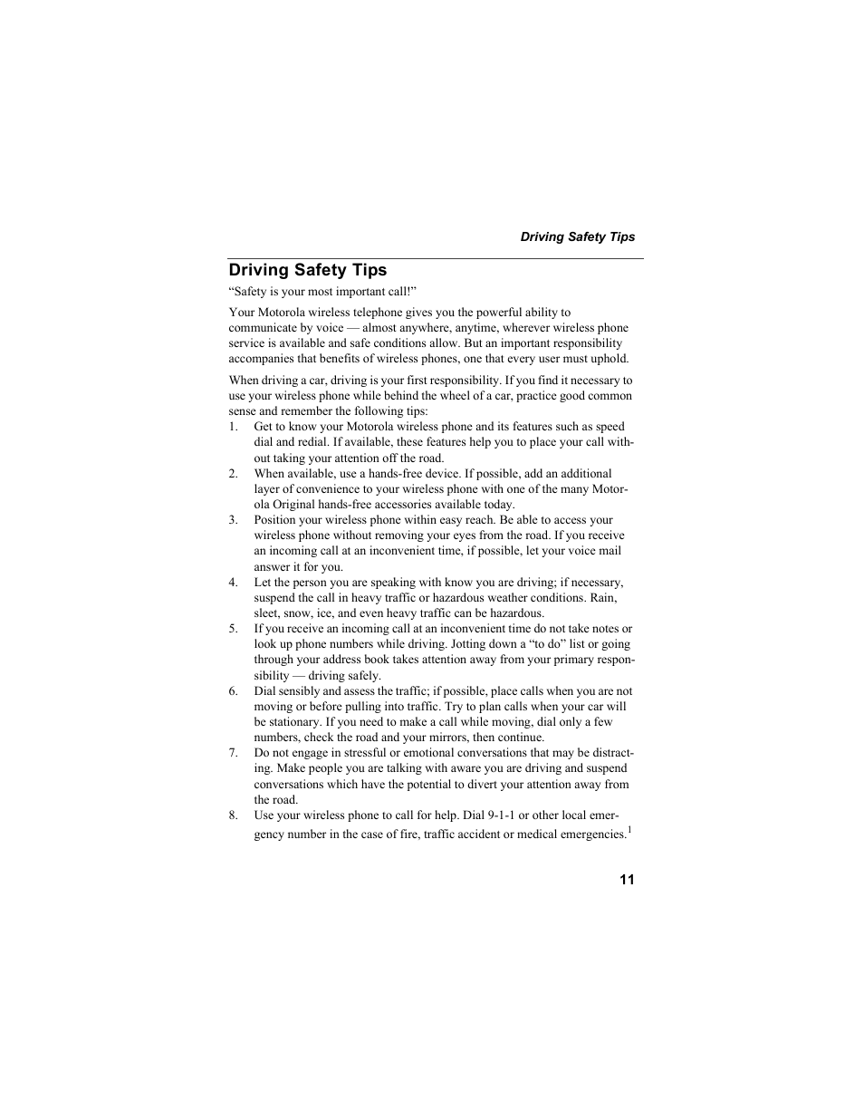Driving safety tips | Motorola i55sr Phone User Manual | Page 11 / 176