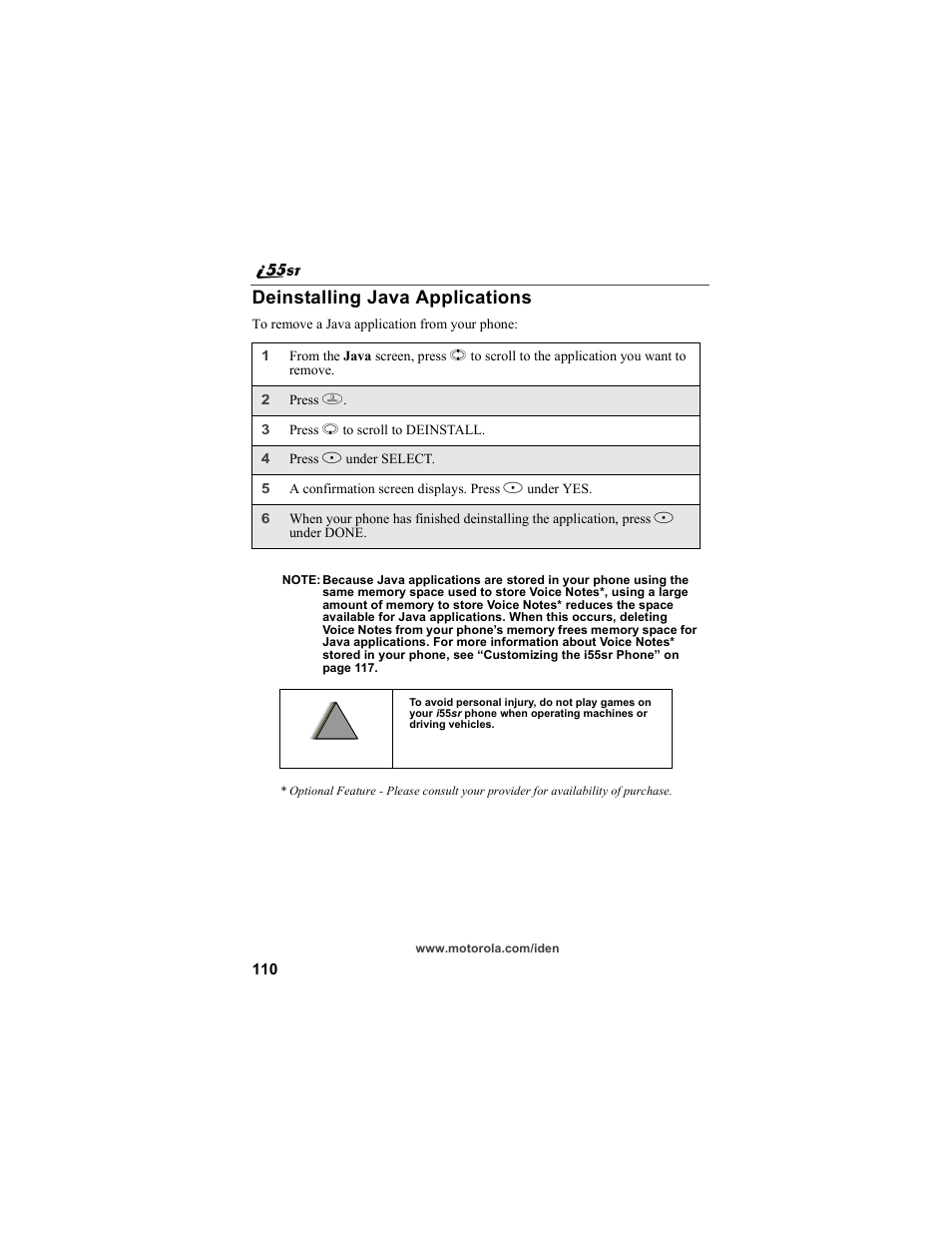 Deinstalling java applications | Motorola i55sr Phone User Manual | Page 110 / 176