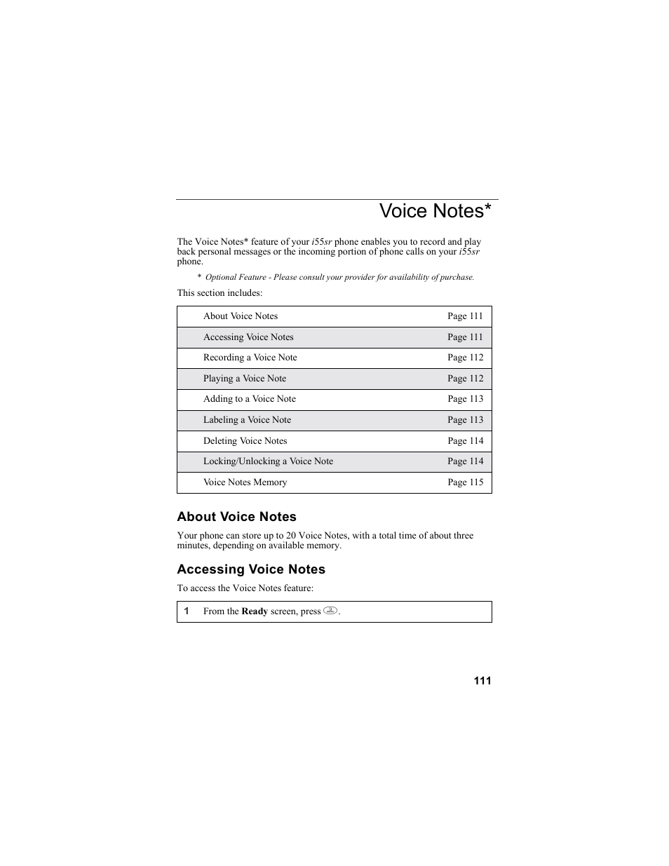 Voice notes, About voice notes, Accessing voice notes | About voice notes accessing voice notes | Motorola i55sr Phone User Manual | Page 111 / 176