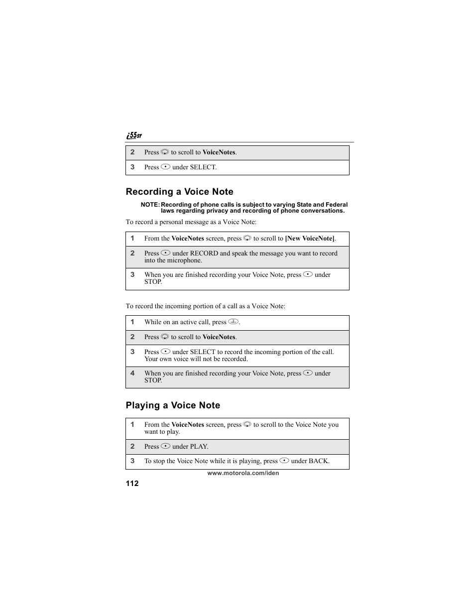 Recording a voice note, Playing a voice note, Recording a voice note playing a voice note | Motorola i55sr Phone User Manual | Page 112 / 176