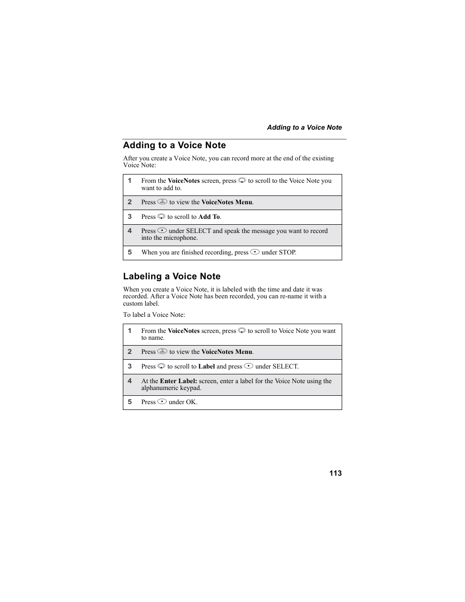 Adding to a voice note, Labeling a voice note, Adding to a voice note labeling a voice note | Motorola i55sr Phone User Manual | Page 113 / 176