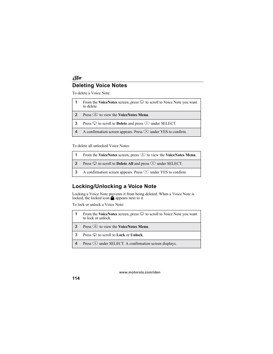 Deleting voice notes, Locking/unlocking a voice note | Motorola i55sr Phone User Manual | Page 114 / 176