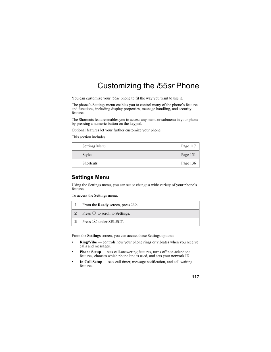 Customizing the i55sr phone, Settings menu, Customizing the | Customizing the i 55 sr phone | Motorola i55sr Phone User Manual | Page 117 / 176