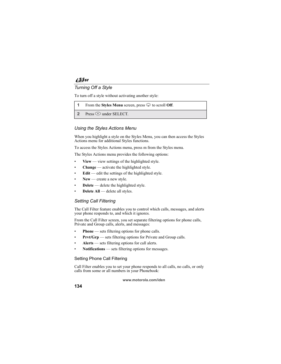 Ee “setting call | Motorola i55sr Phone User Manual | Page 134 / 176