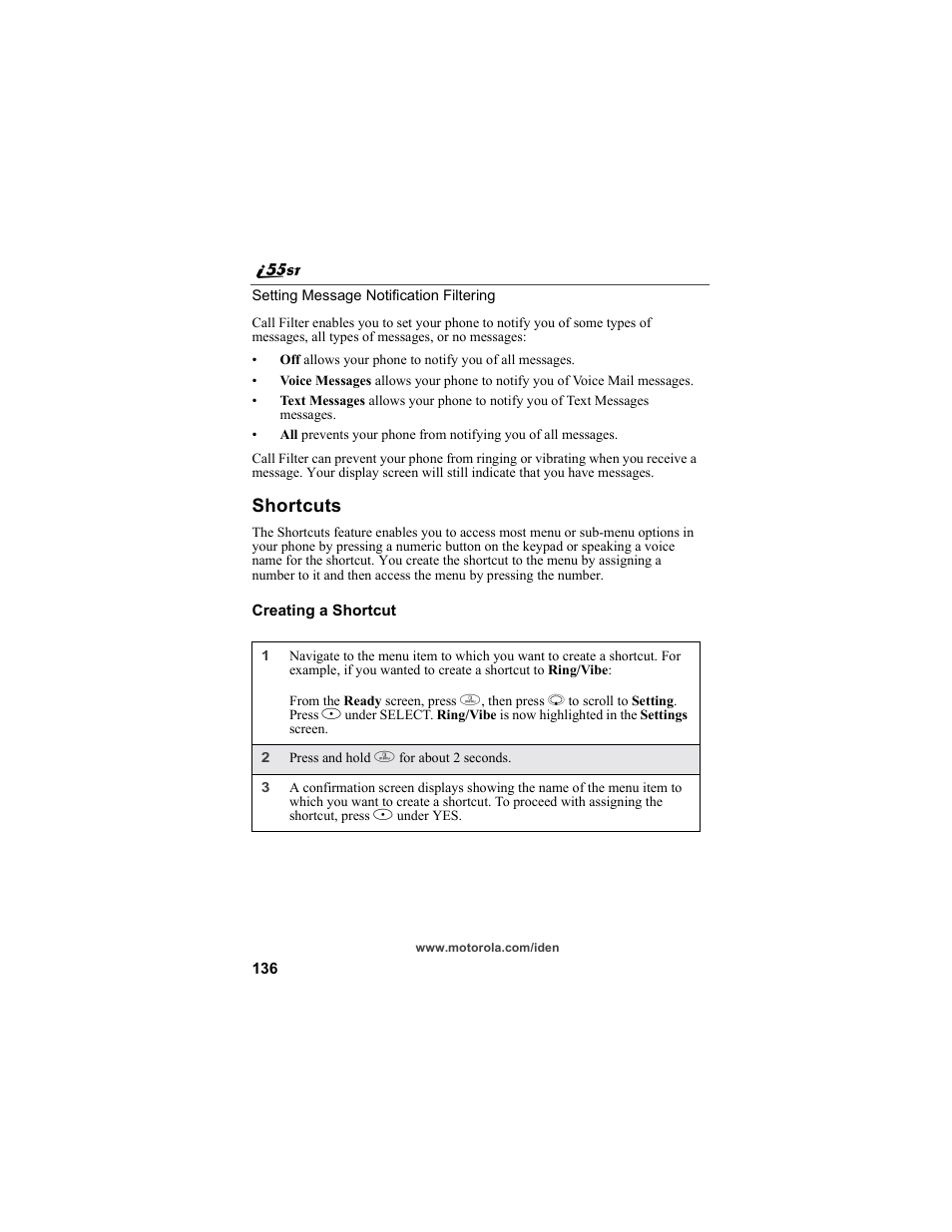 Shortcuts | Motorola i55sr Phone User Manual | Page 136 / 176