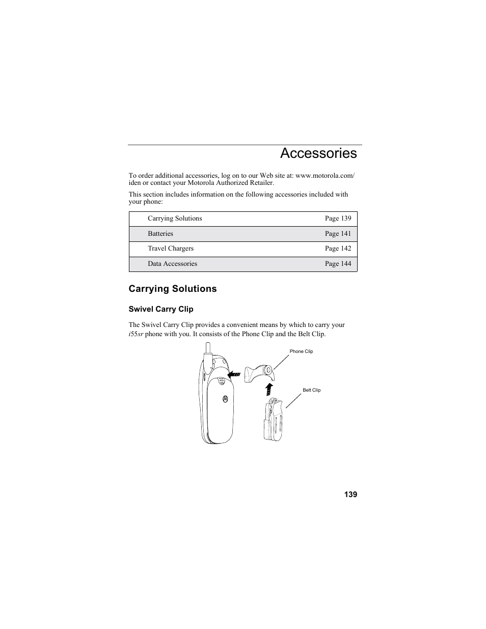 Accessories, Carrying solutions | Motorola i55sr Phone User Manual | Page 139 / 176