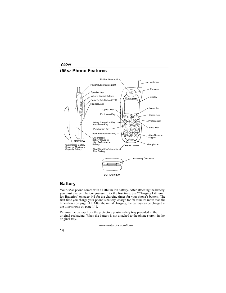 I55sr phone features, Battery, I 55 sr phone features | Motorola i55sr Phone User Manual | Page 14 / 176