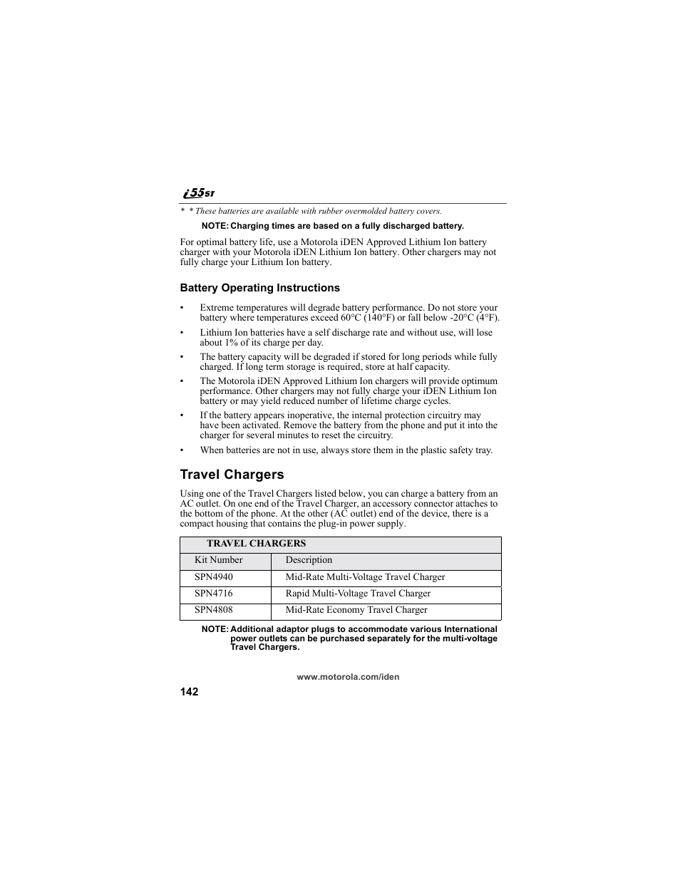 Travel chargers | Motorola i55sr Phone User Manual | Page 142 / 176